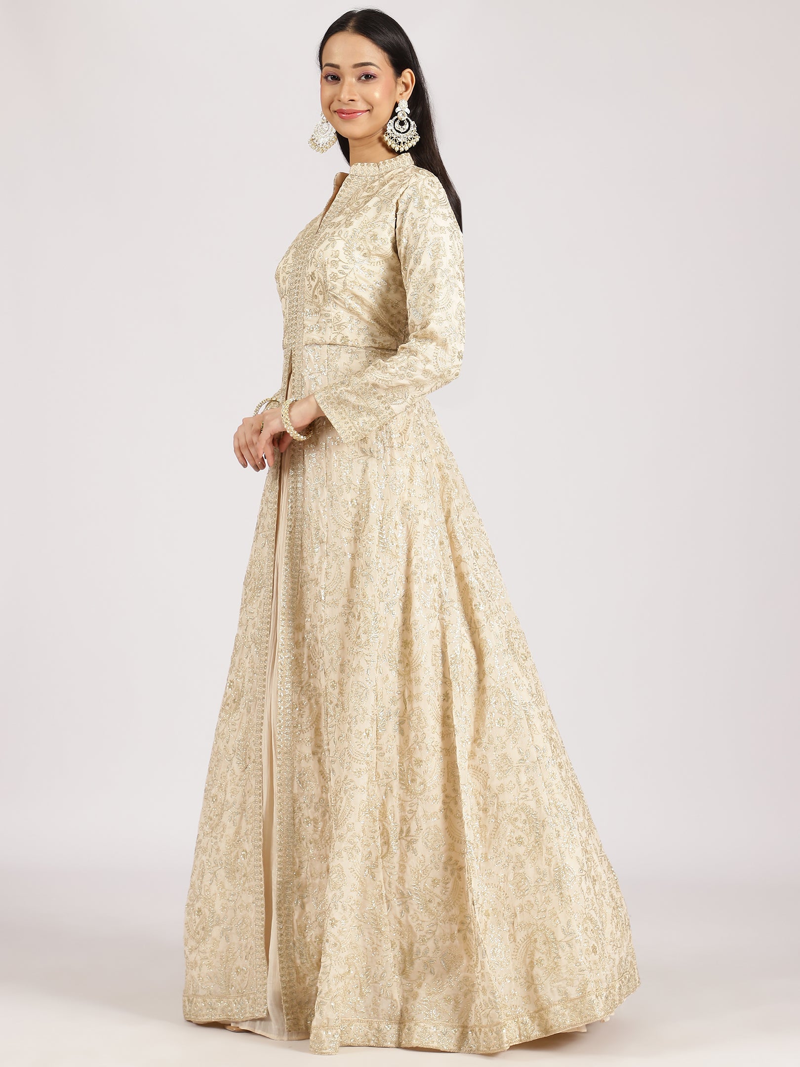 Ivory Gold Embroidered Anarkali Gown with High Neck
