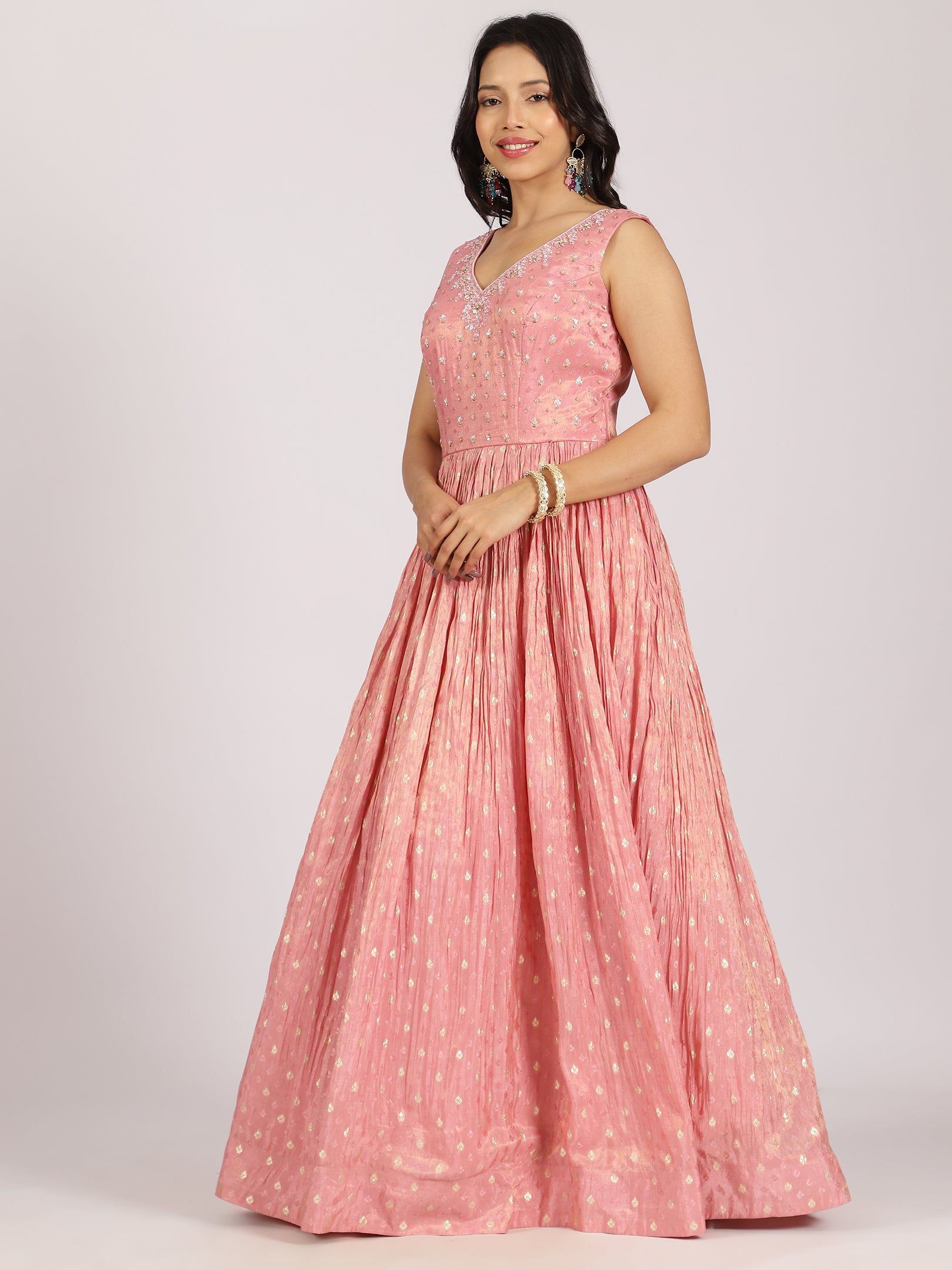 Blush Pink Anarkali Gown with Foil Work & Embellished Dupatta
