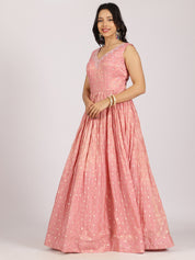 Blush Pink Anarkali Gown with Foil Work & Embellished Dupatta