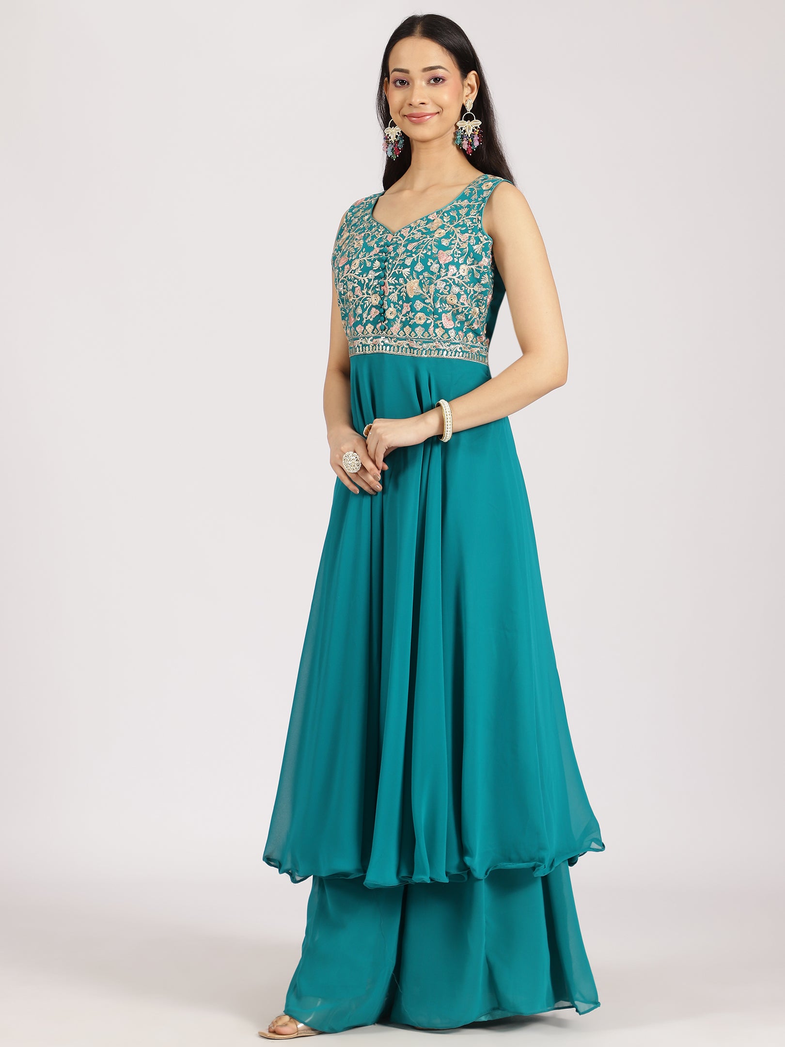Teal Embroidered Palazzo Set with Dupatta