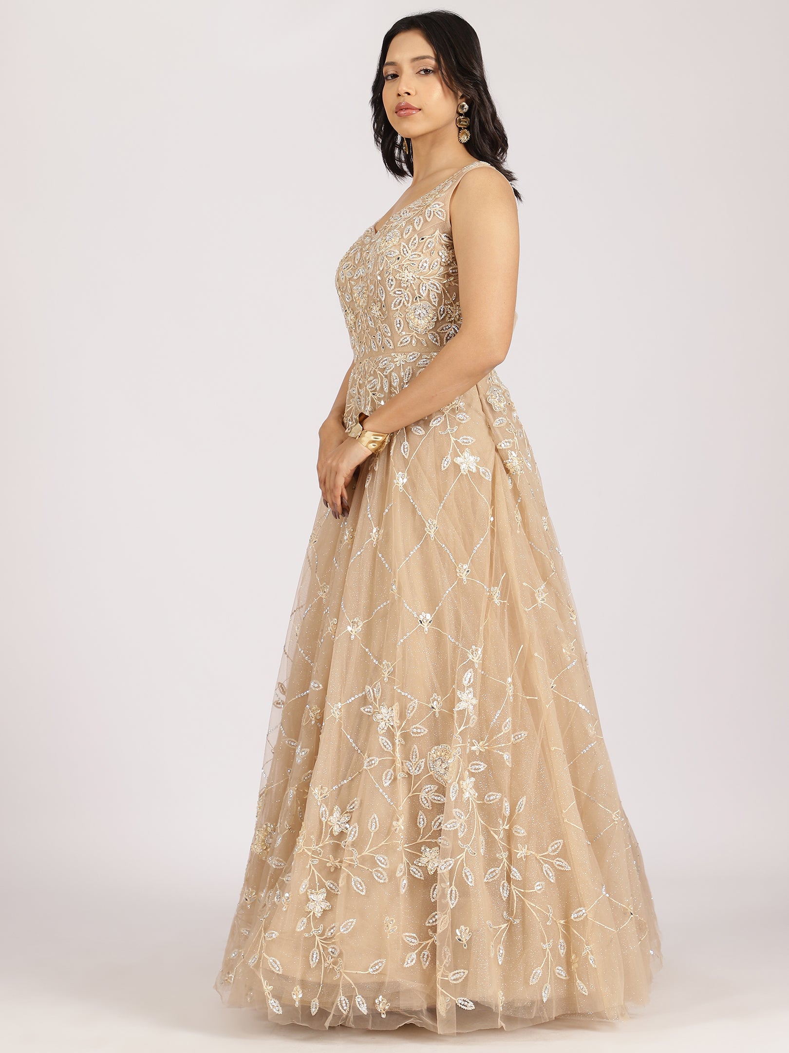 Ethereal Beige Embroidered Net Lehenga Set