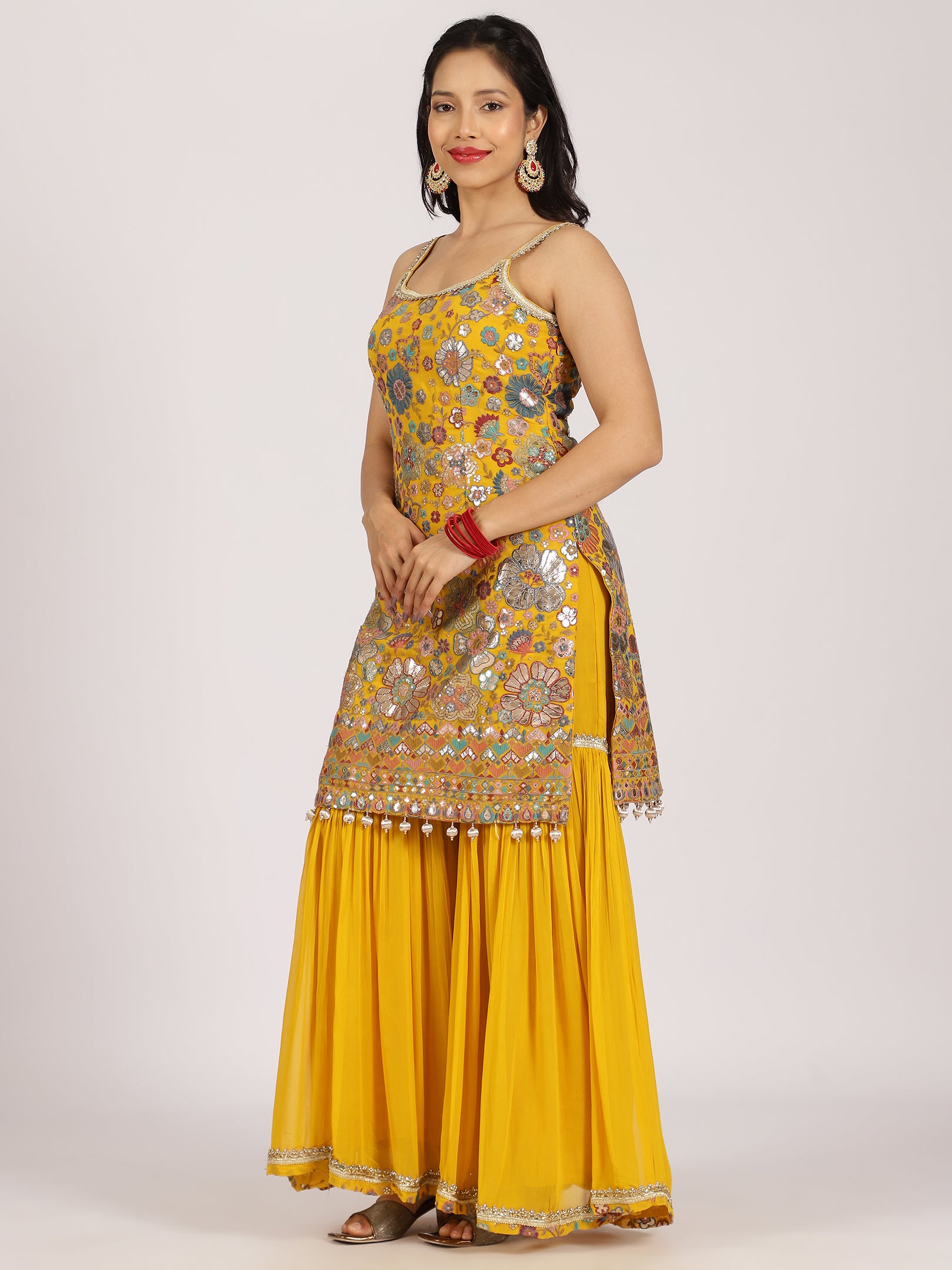 Vibrant Yellow Mirror Work Sharara Set