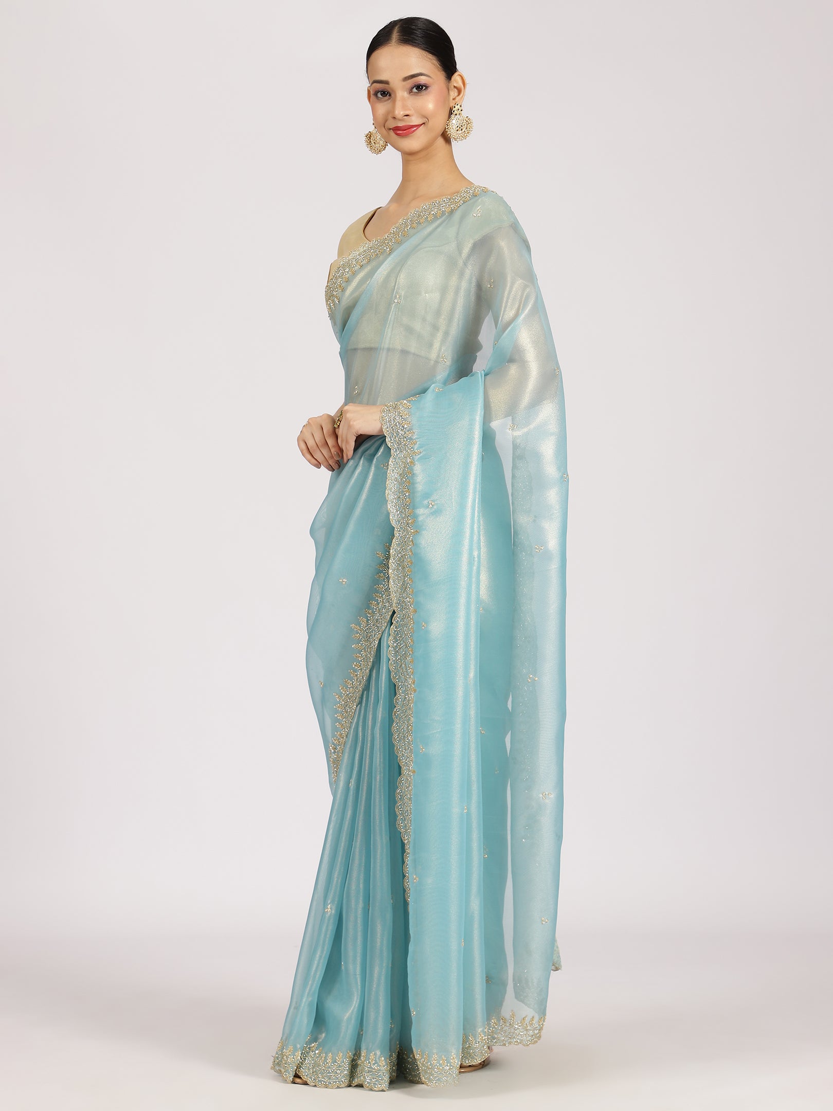 Sky Blue Organza Embellished Saree