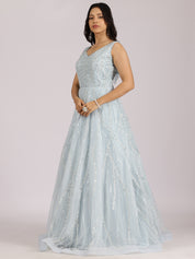 Elegant Ice-Blue Embroidered Gown