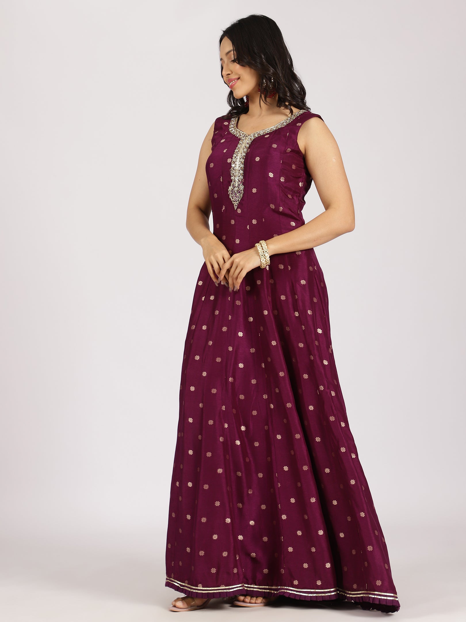 Regal Wine Anarkali Gown with Mirror Work and Zari Dupatta