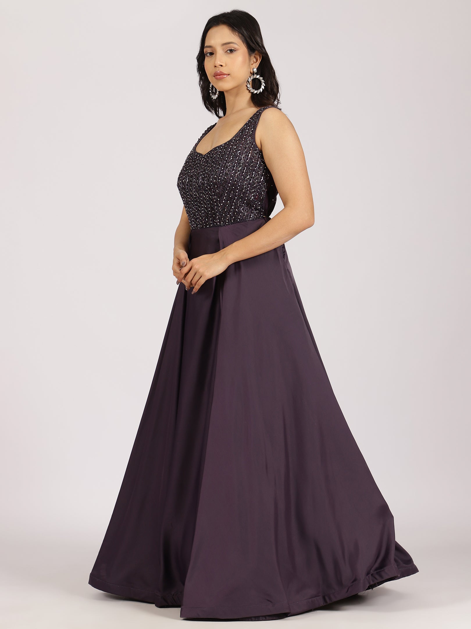 Plum Purple Embellished Gown with Dupatta