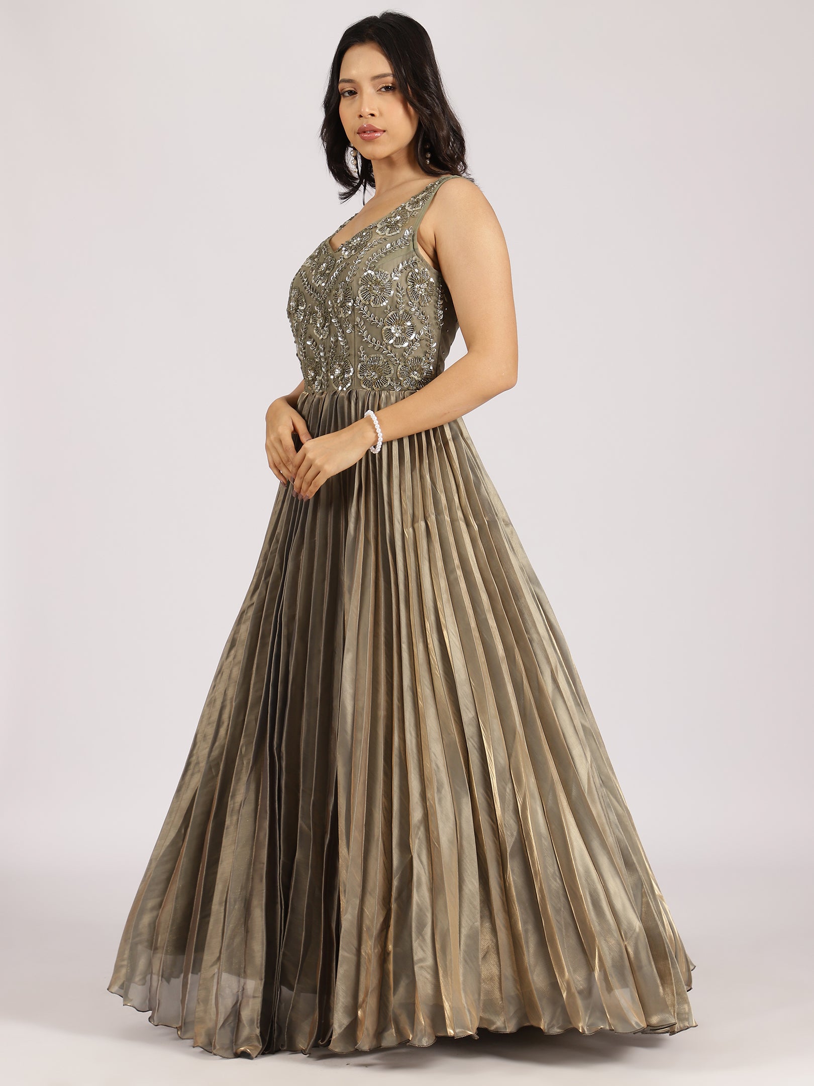 Elegant Olive Green Embroidered Pleated Lehenga Set