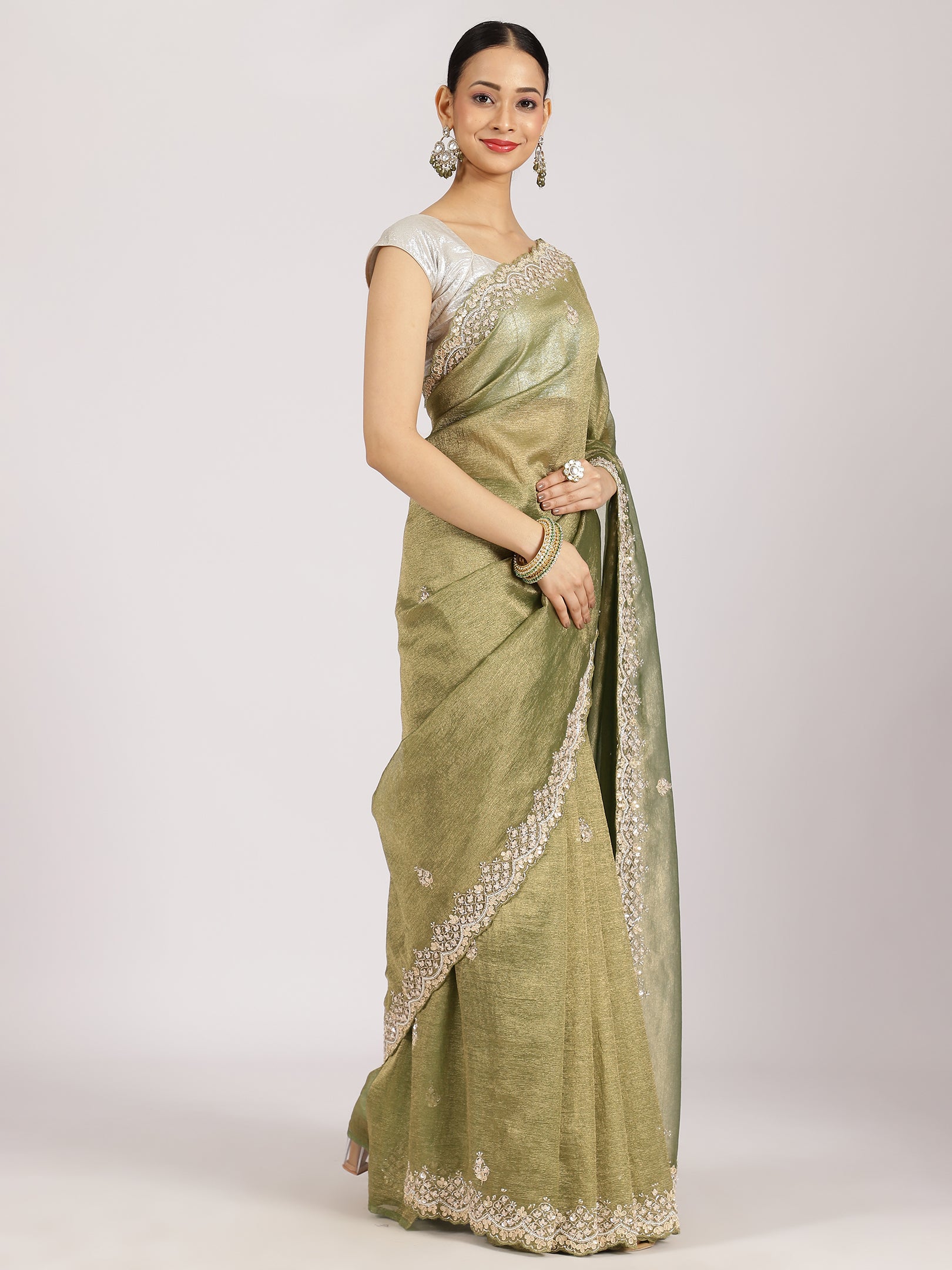 Olive Green Zari Embroidered Silk Saree