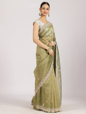 Olive Green Zari Embroidered Silk Saree