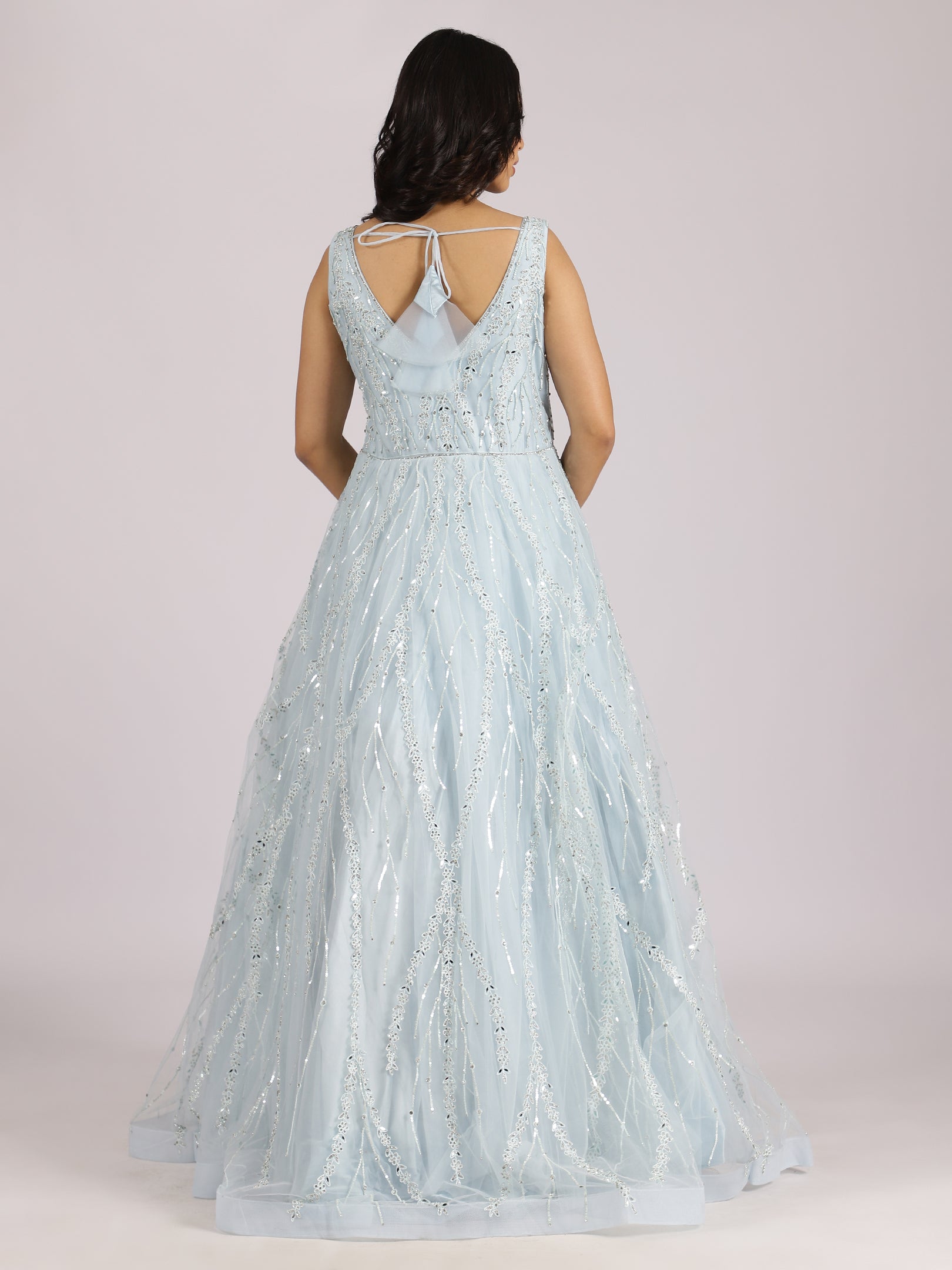 Elegant Ice-Blue Embroidered Gown
