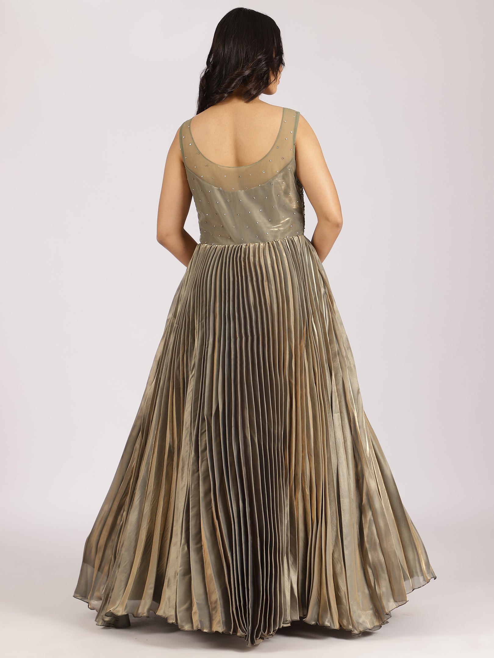 Elegant Olive Green Embroidered Pleated Lehenga Set