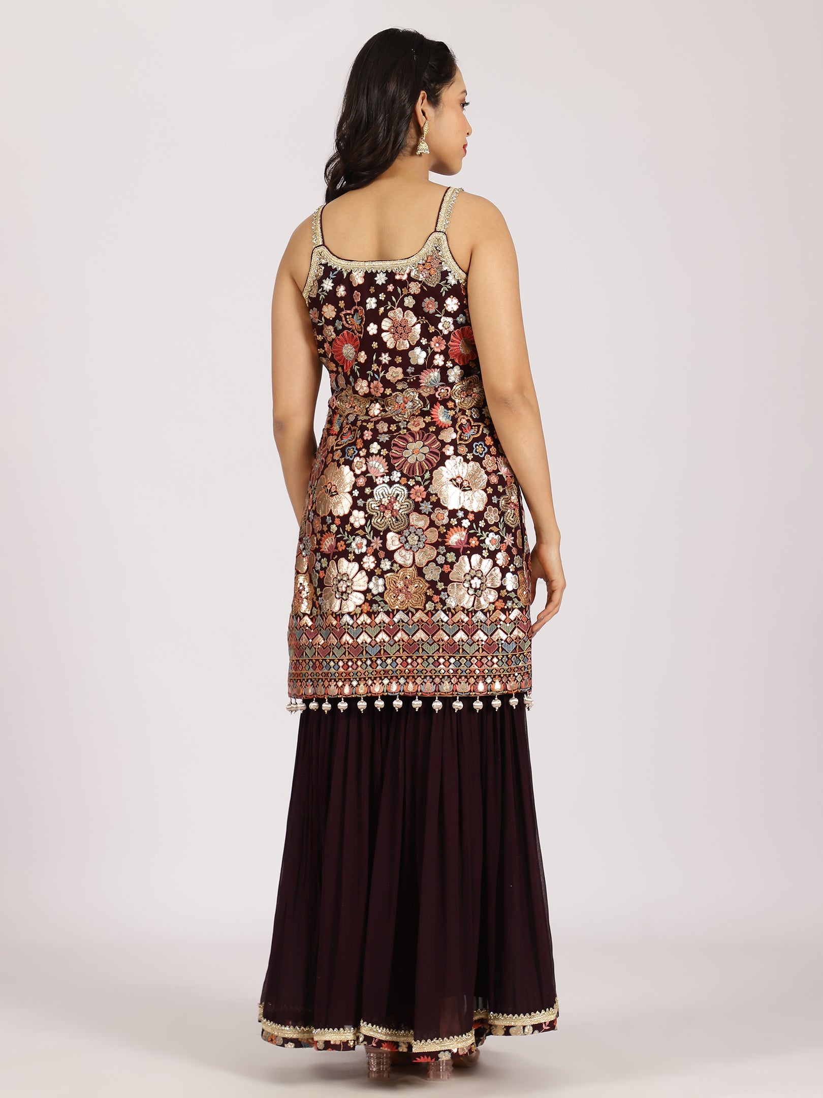 Maroon Heavily Embroidered Georgette Sharara Suit Set