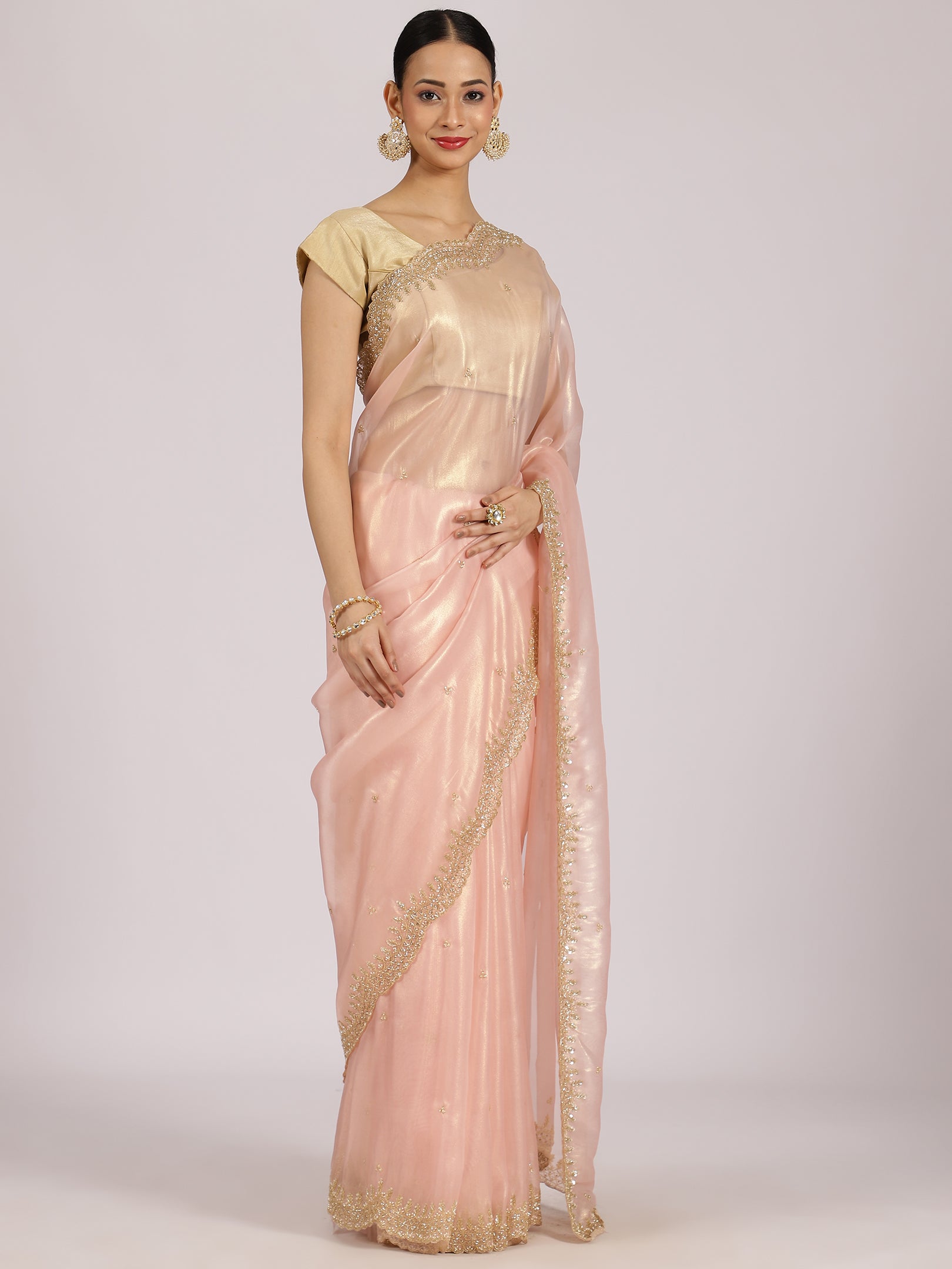 Pastel Pink Organza Embellished Saree