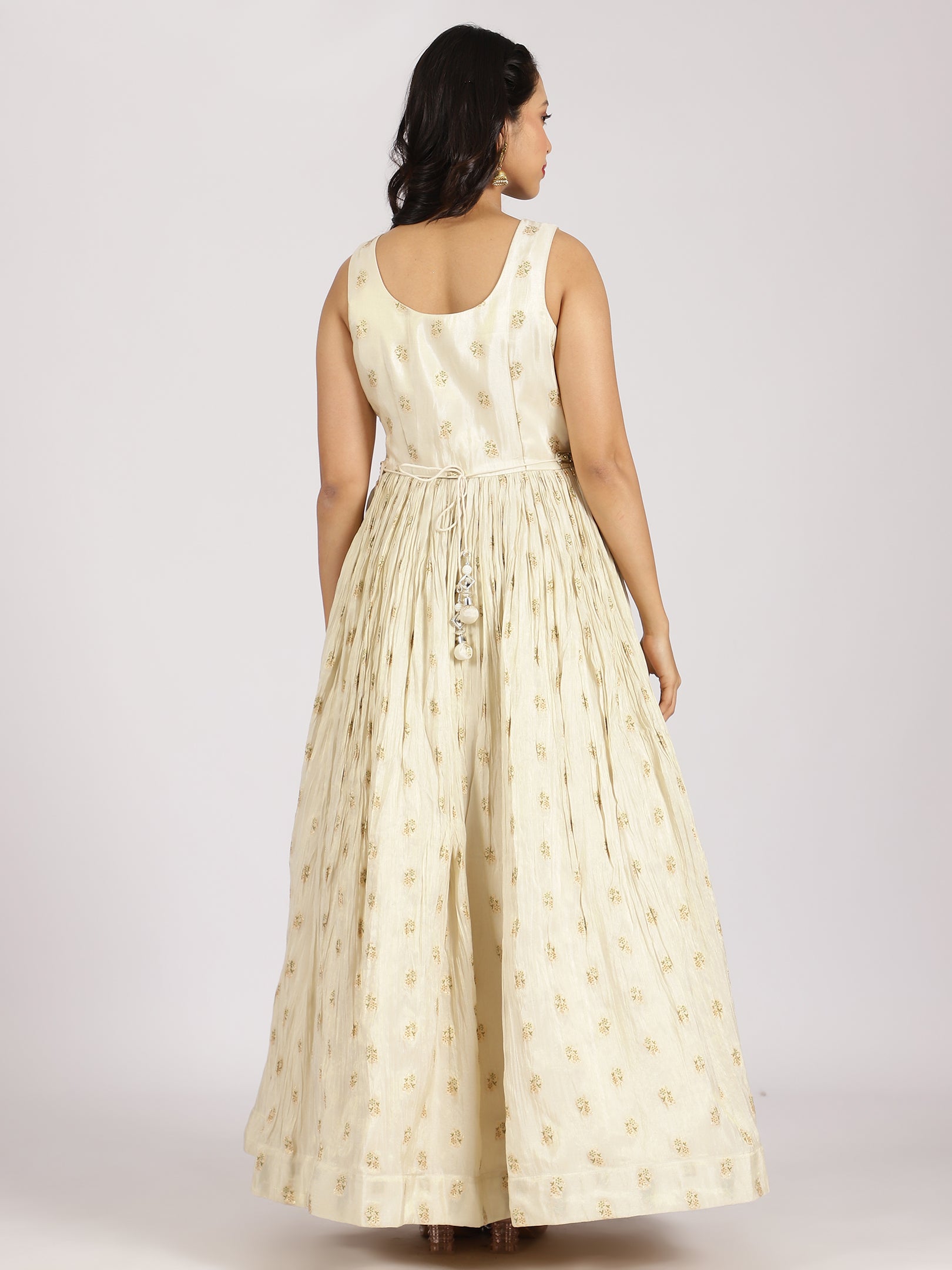 Ivory Gold Anarkali Gown with Banarasi Dupatta & Embroidered Detailing