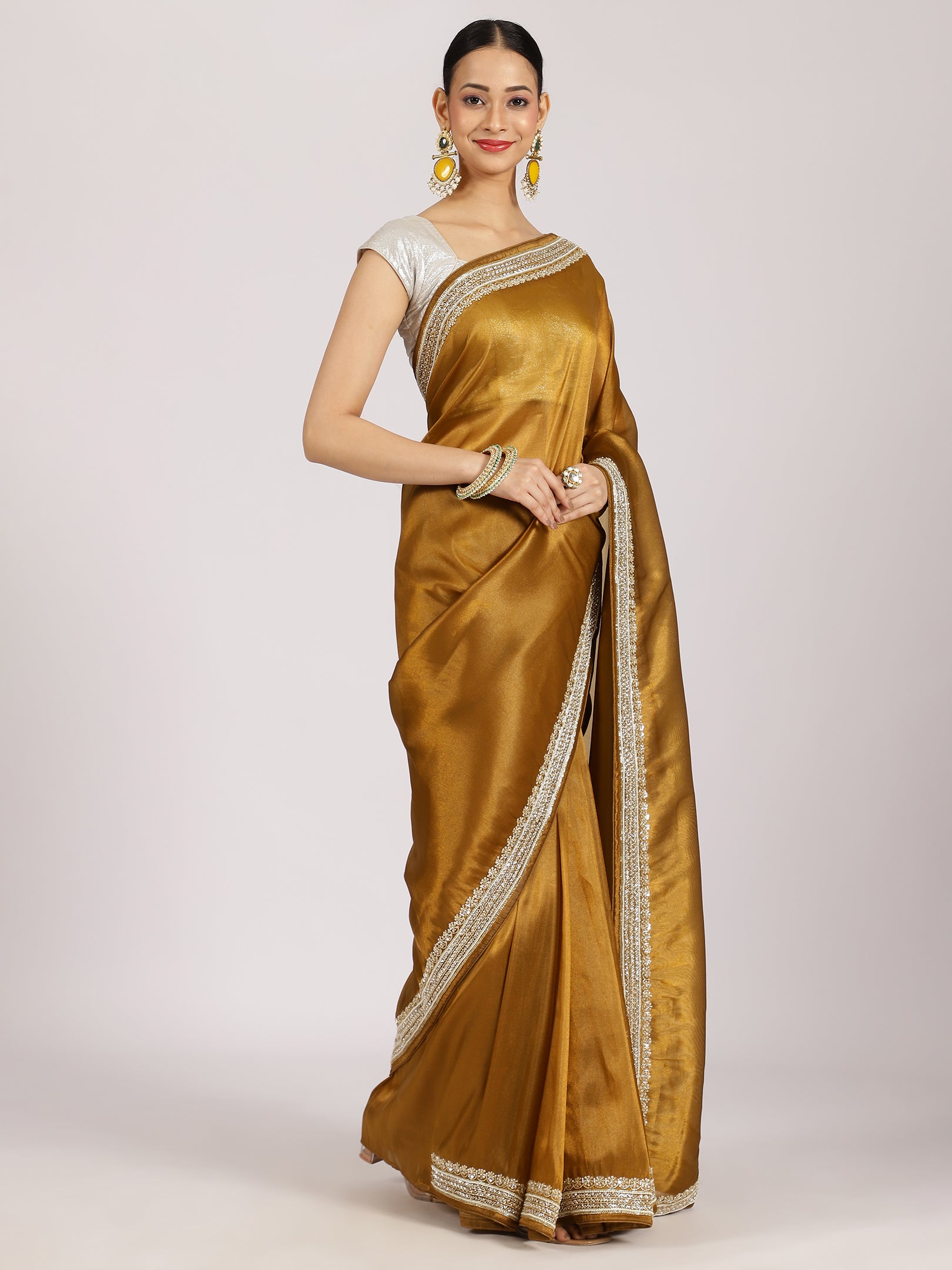 Mustard Silk Saree with Silver Sequin Border