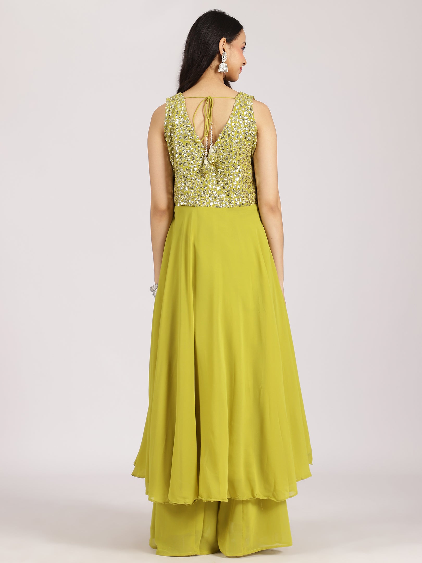 Lime Green Mirror Work Georgette Palazzo Suit Set