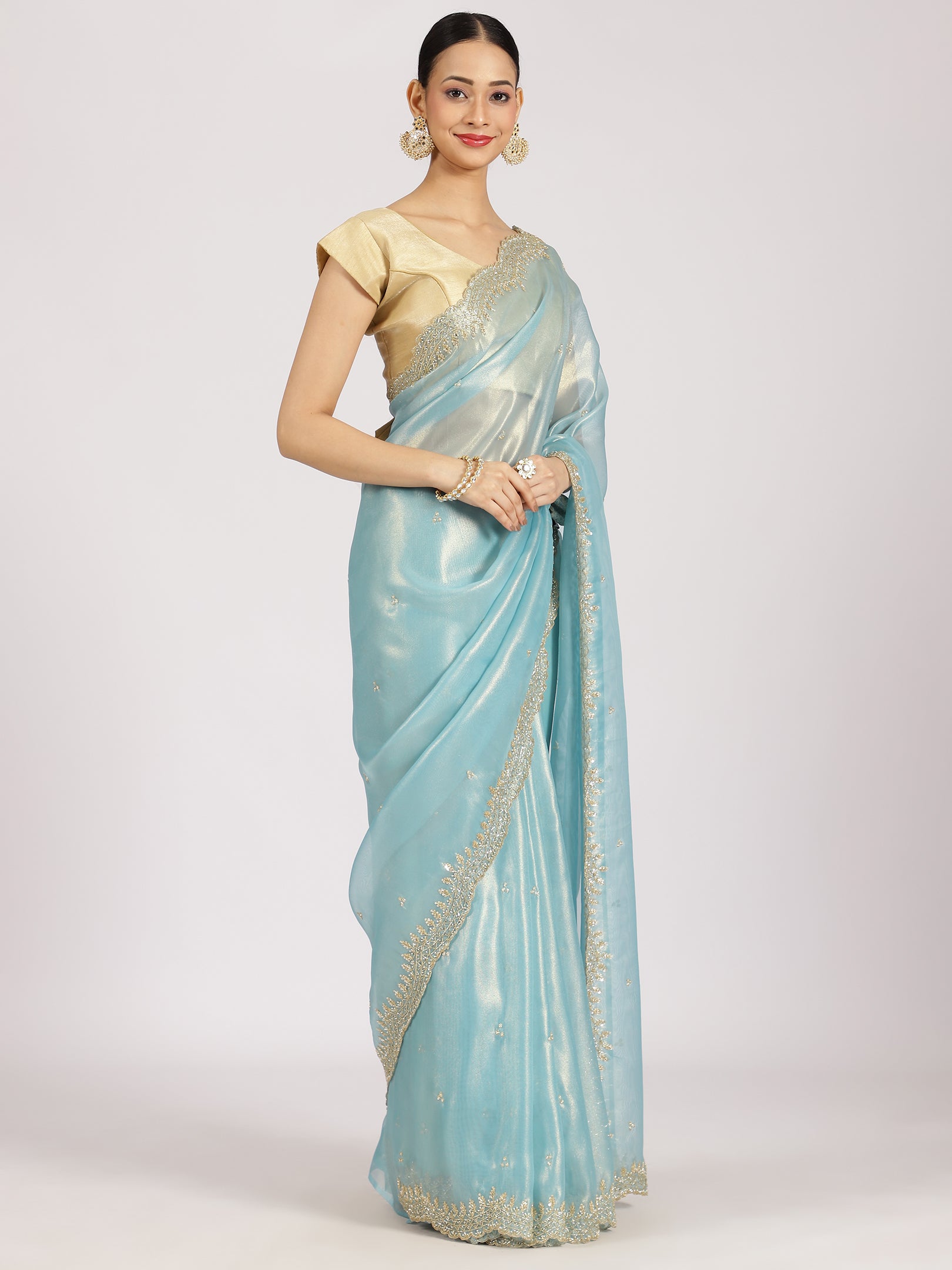 Sky Blue Organza Embellished Saree