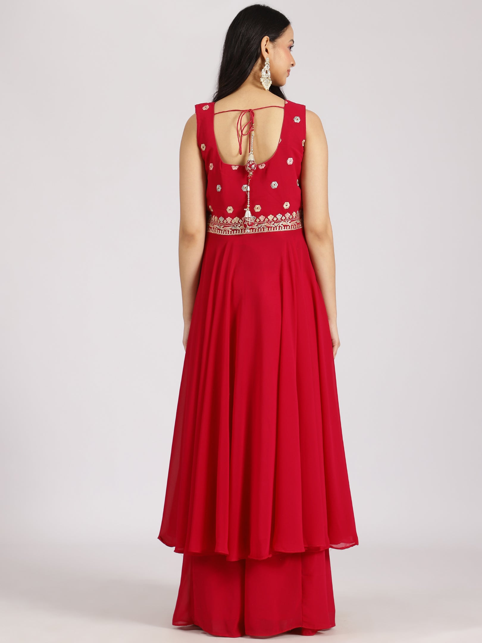 Red Sleeveless Embroidered Peplum Kurta Set with Palazzo and Dupatta