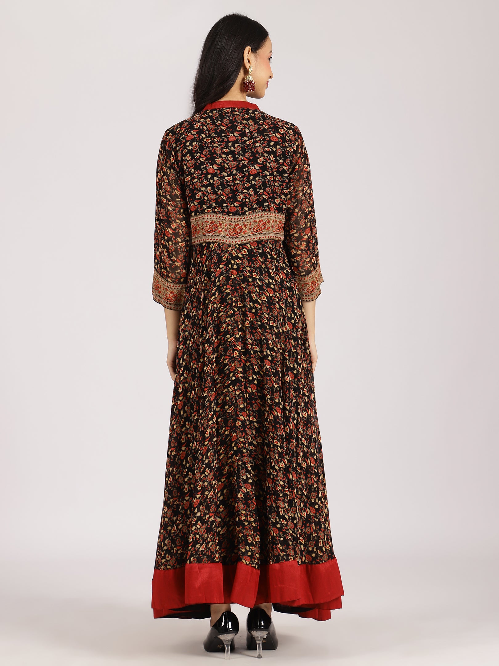 Traditional Black and Red Floral Anarkali Kurta Set