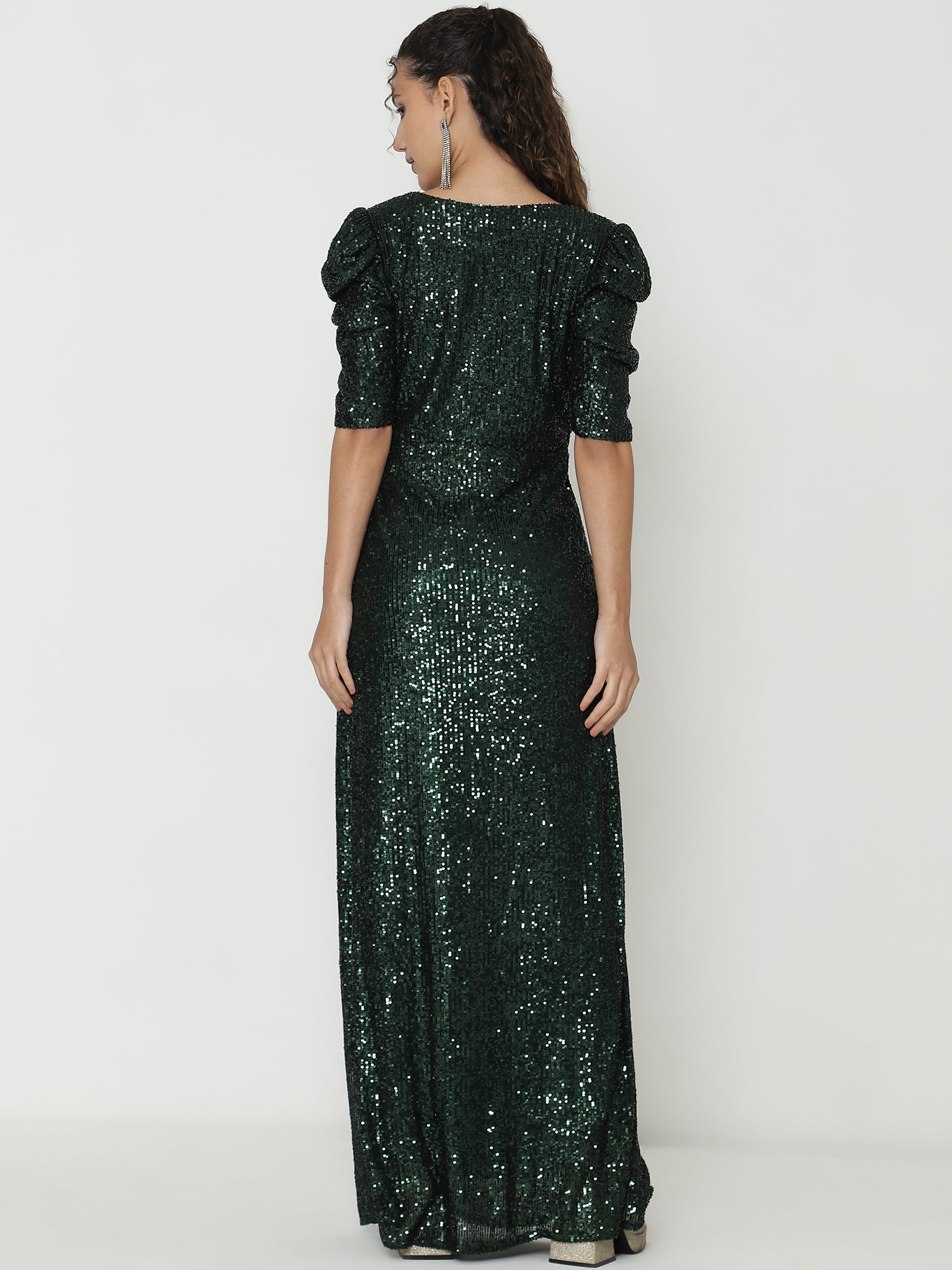 Chic Olive Green Gowns  with Knitted Sequin Work