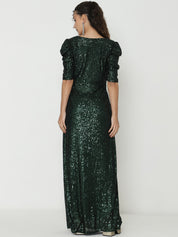 Chic Olive Green Gowns  with Knitted Sequin Work