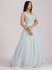 Elegant Ice-Blue Embroidered Gown