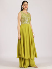 Lime Green Mirror Work Georgette Palazzo Suit Set