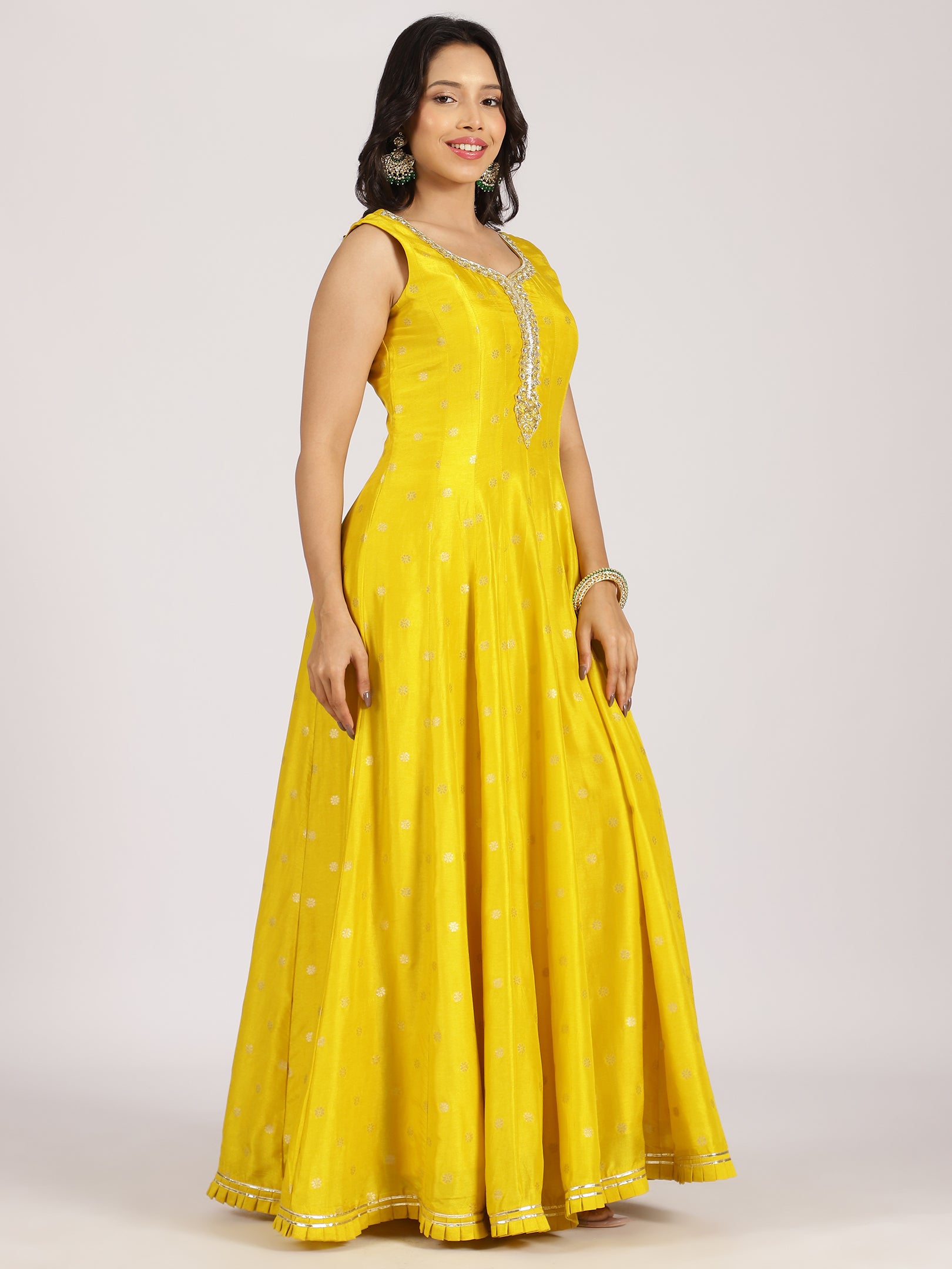 Sunshine Yellow Anarkali Gown with Mirror Work & Zari Dupatta