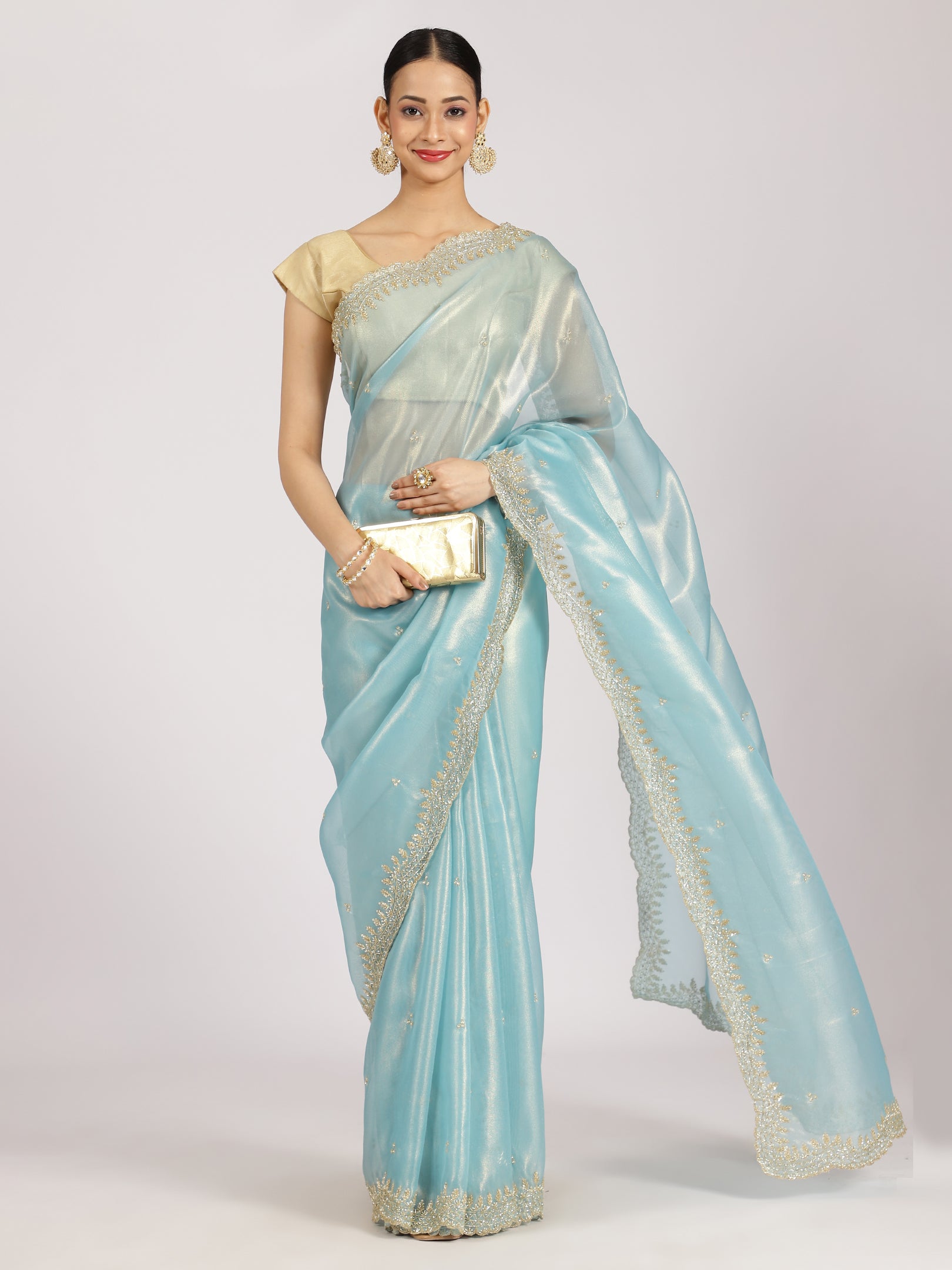 Sky Blue Organza Embellished Saree