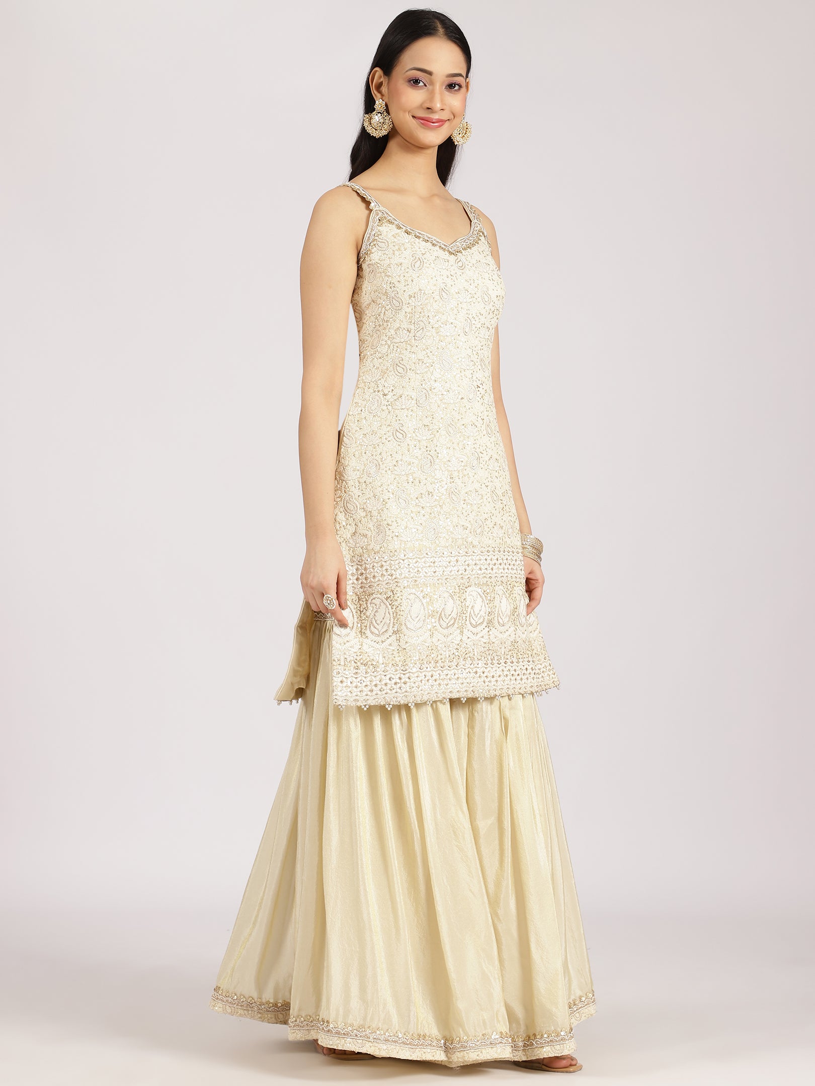 Ivory Gold Embroidered Sharara Suit with Dupatta