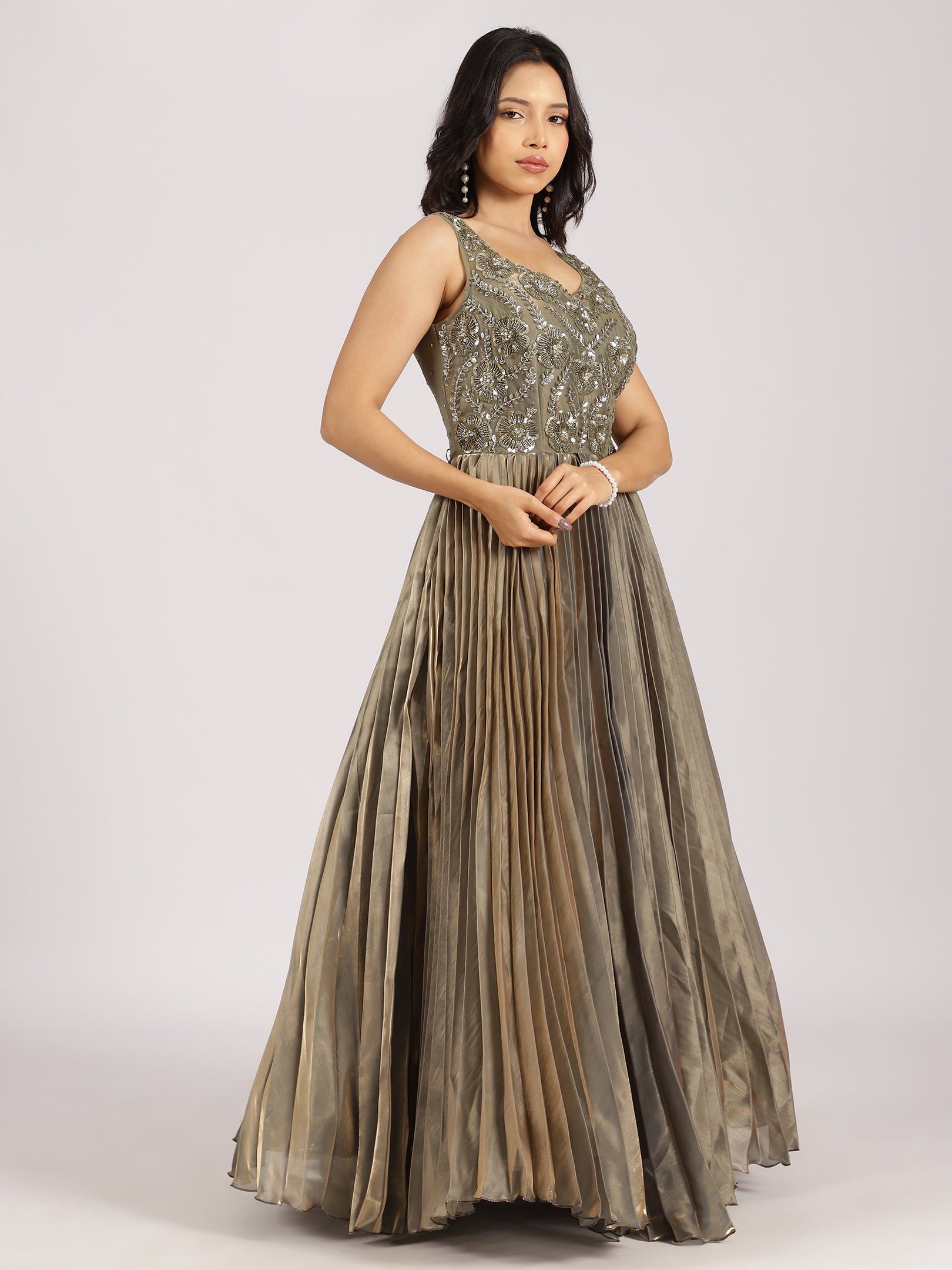 Elegant Olive Green Embroidered Pleated Lehenga Set