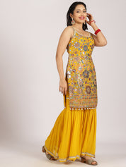 Vibrant Yellow Mirror Work Sharara Set