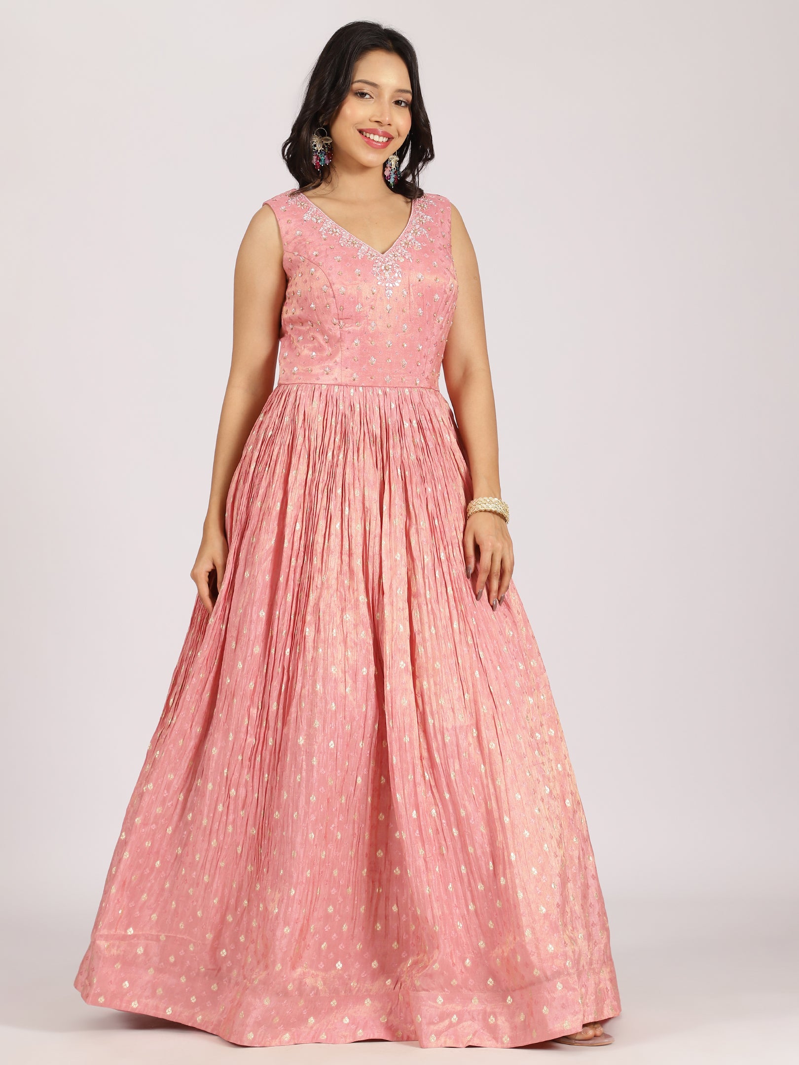 Blush Pink Anarkali Gown with Foil Work & Embellished Dupatta