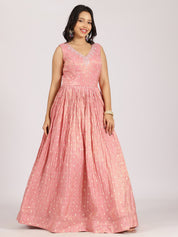 Blush Pink Anarkali Gown with Foil Work & Embellished Dupatta