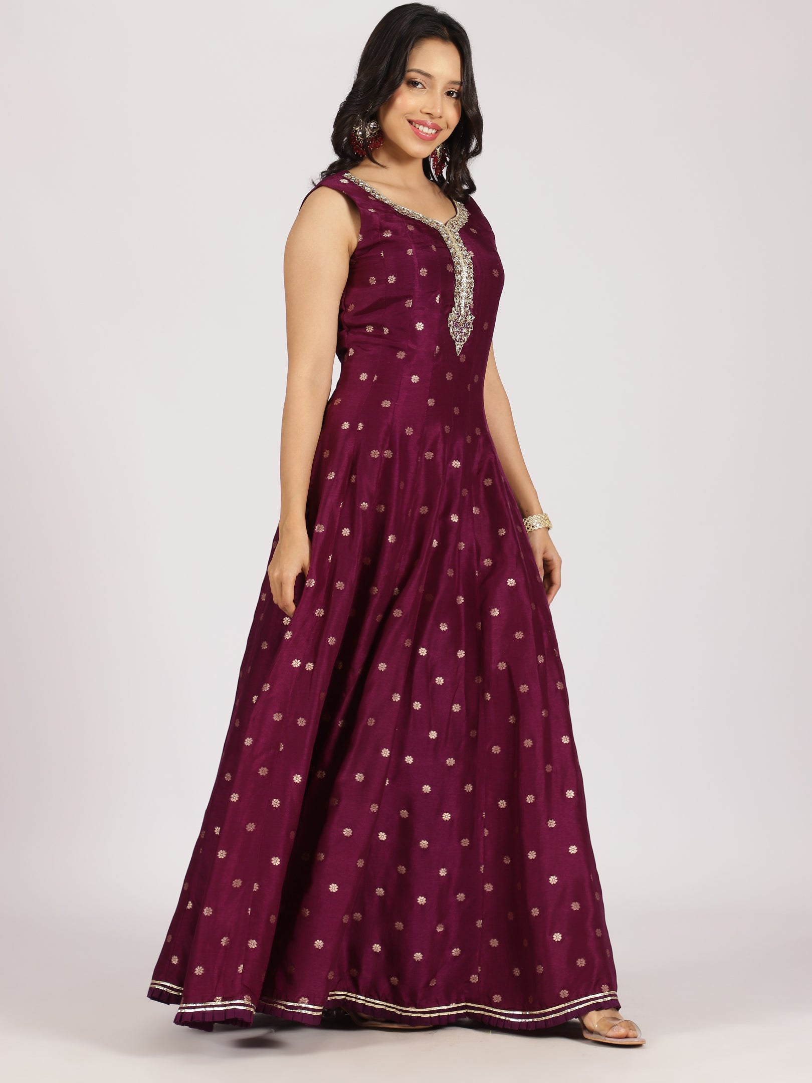 Regal Wine Anarkali Gown with Mirror Work and Zari Dupatta