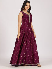 Regal Wine Anarkali Gown with Mirror Work and Zari Dupatta