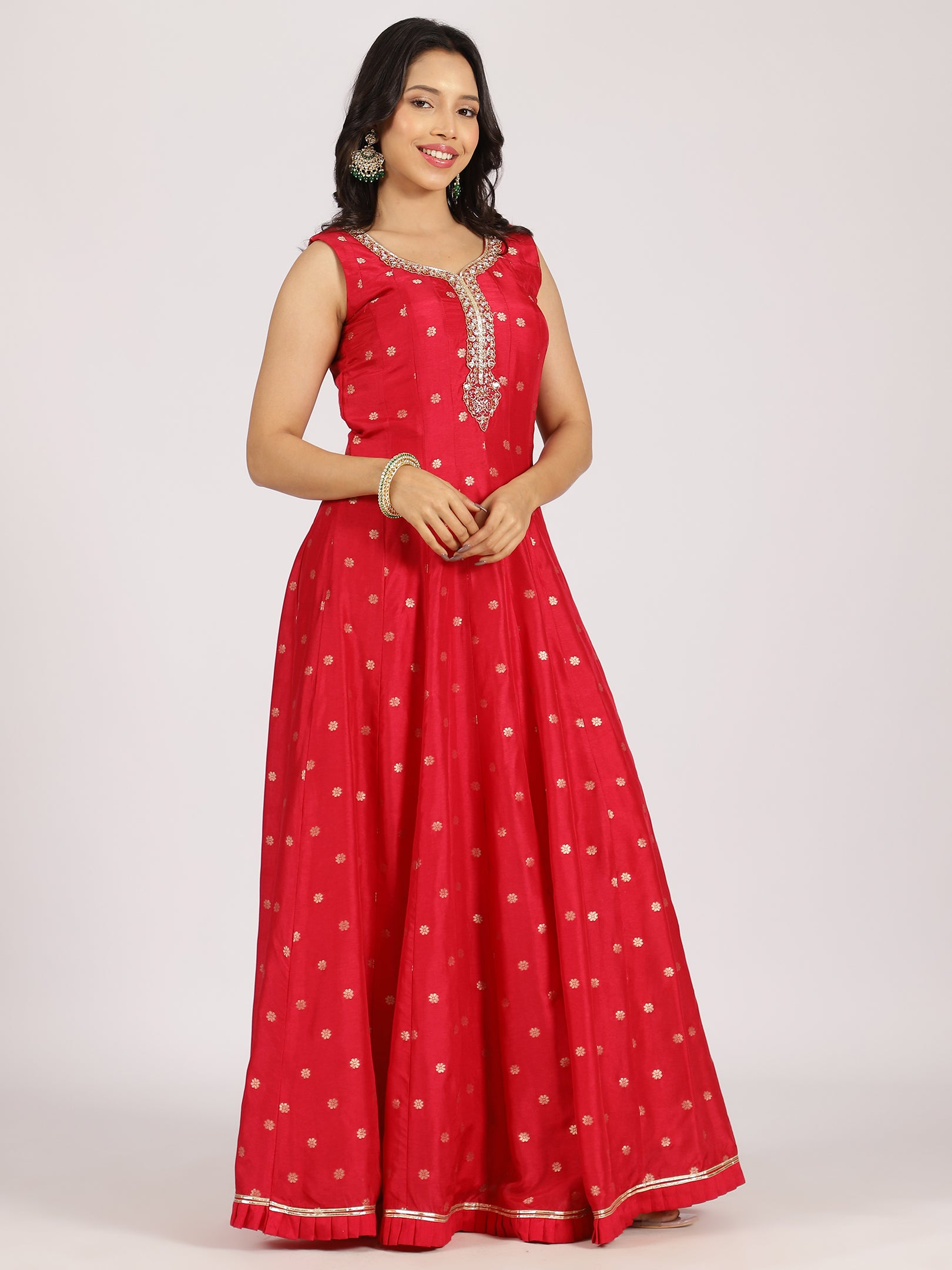 Radiant Red Anarkali Gown with Mirror Work and Zari Dupatta