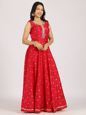 Radiant Red Anarkali Gown with Mirror Work and Zari Dupatta