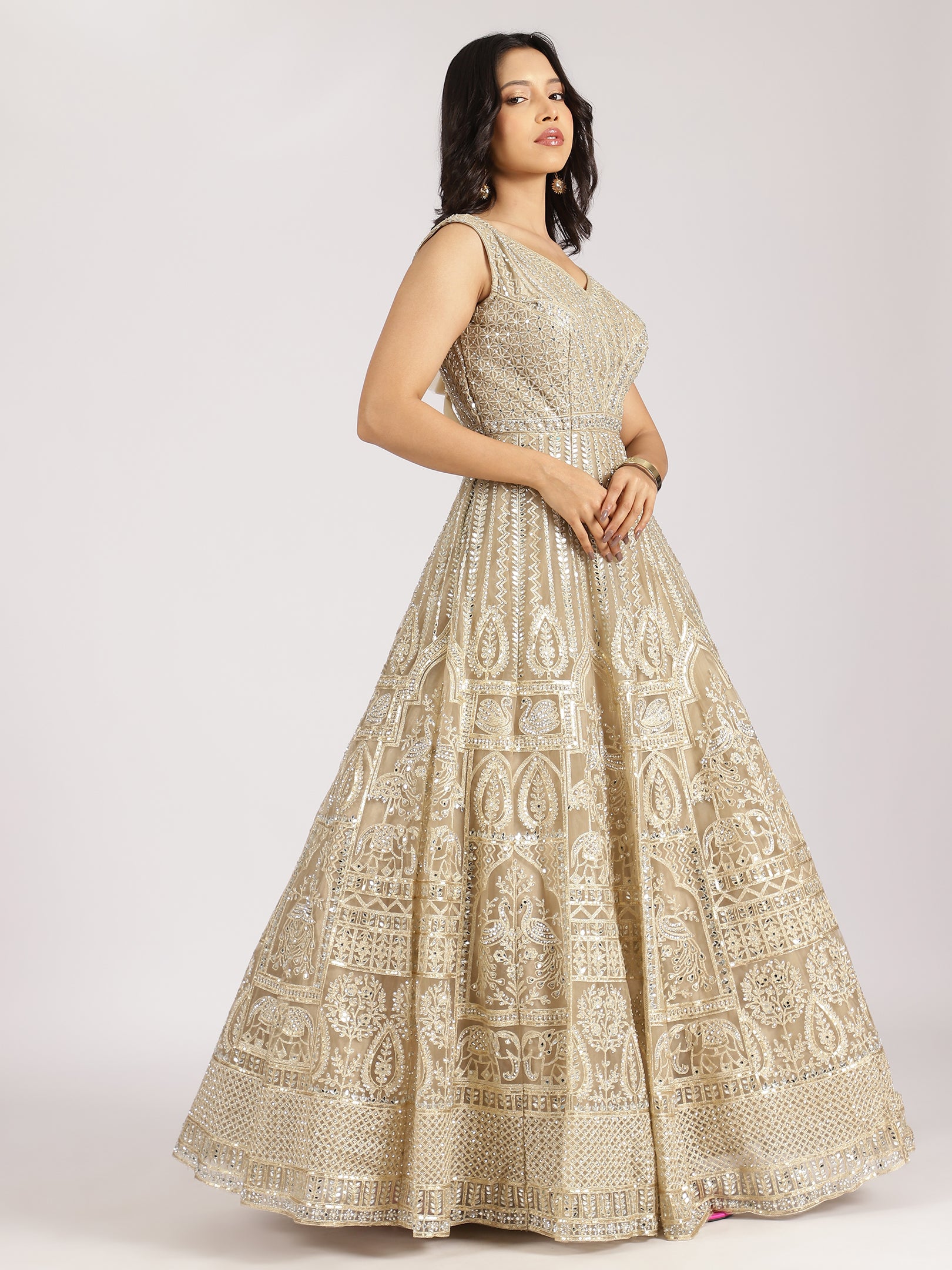 Champagne Gold Embroidered Silk Anarkali Gown