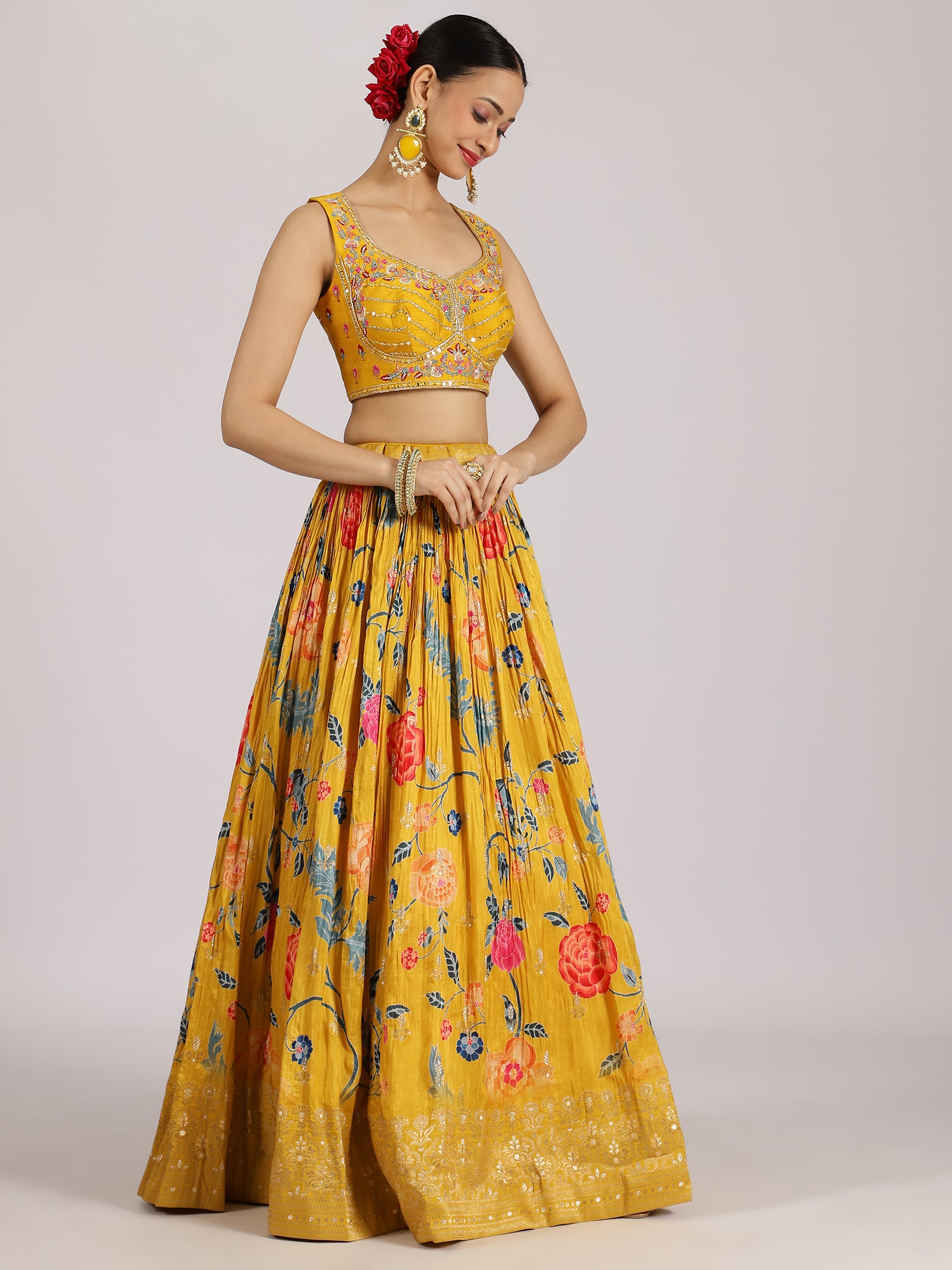 Mustard Yellow Floral Embroidered Lehenga Set