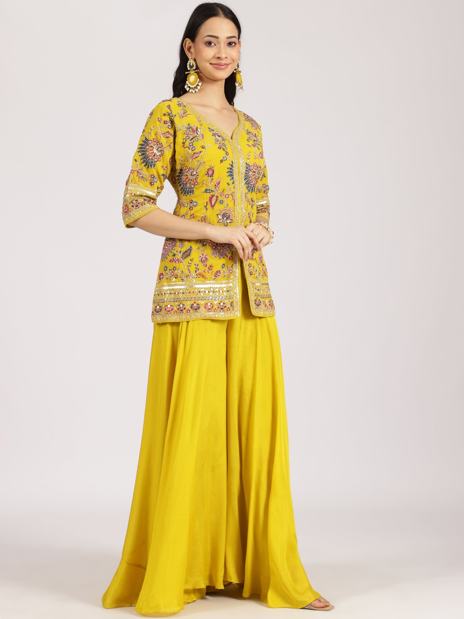 Yellow Embroidered Jacket Style Sharara Suit Set