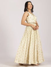 Ivory Gold Anarkali Gown with Banarasi Dupatta & Embroidered Detailing