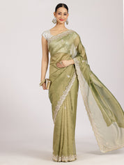Olive Green Zari Embroidered Silk Saree