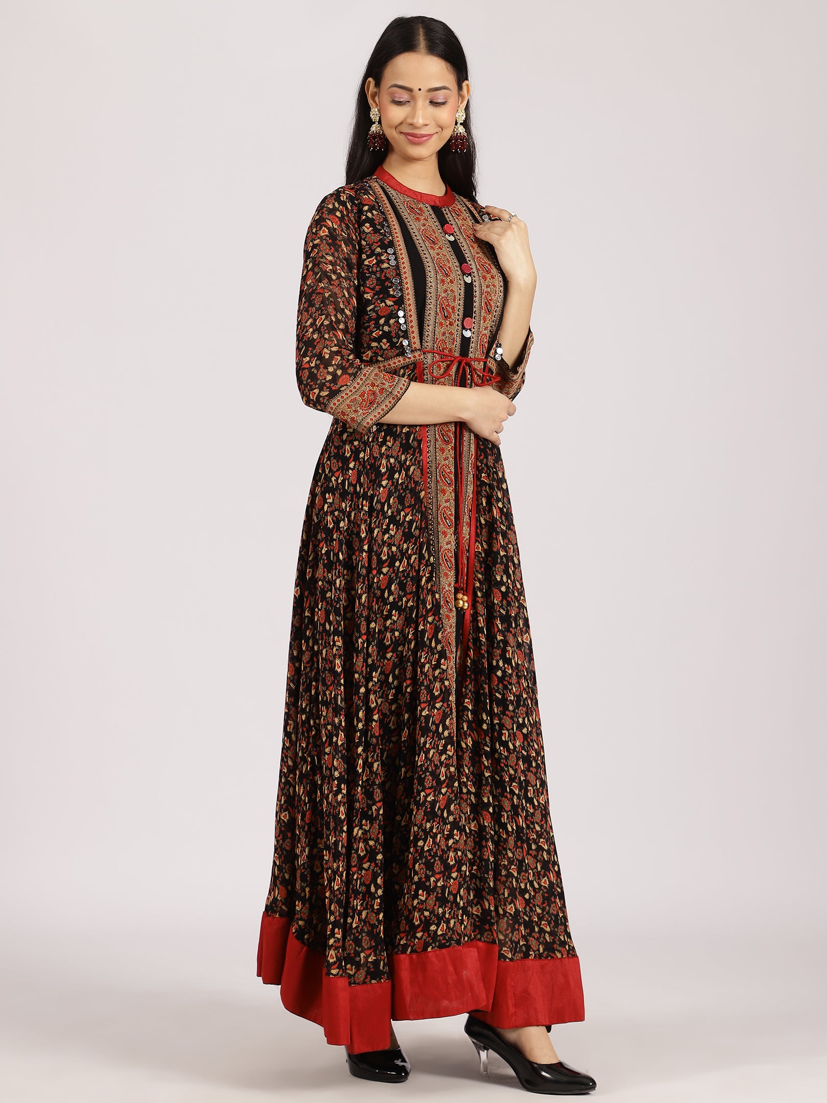 Traditional Black and Red Floral Anarkali Kurta Set
