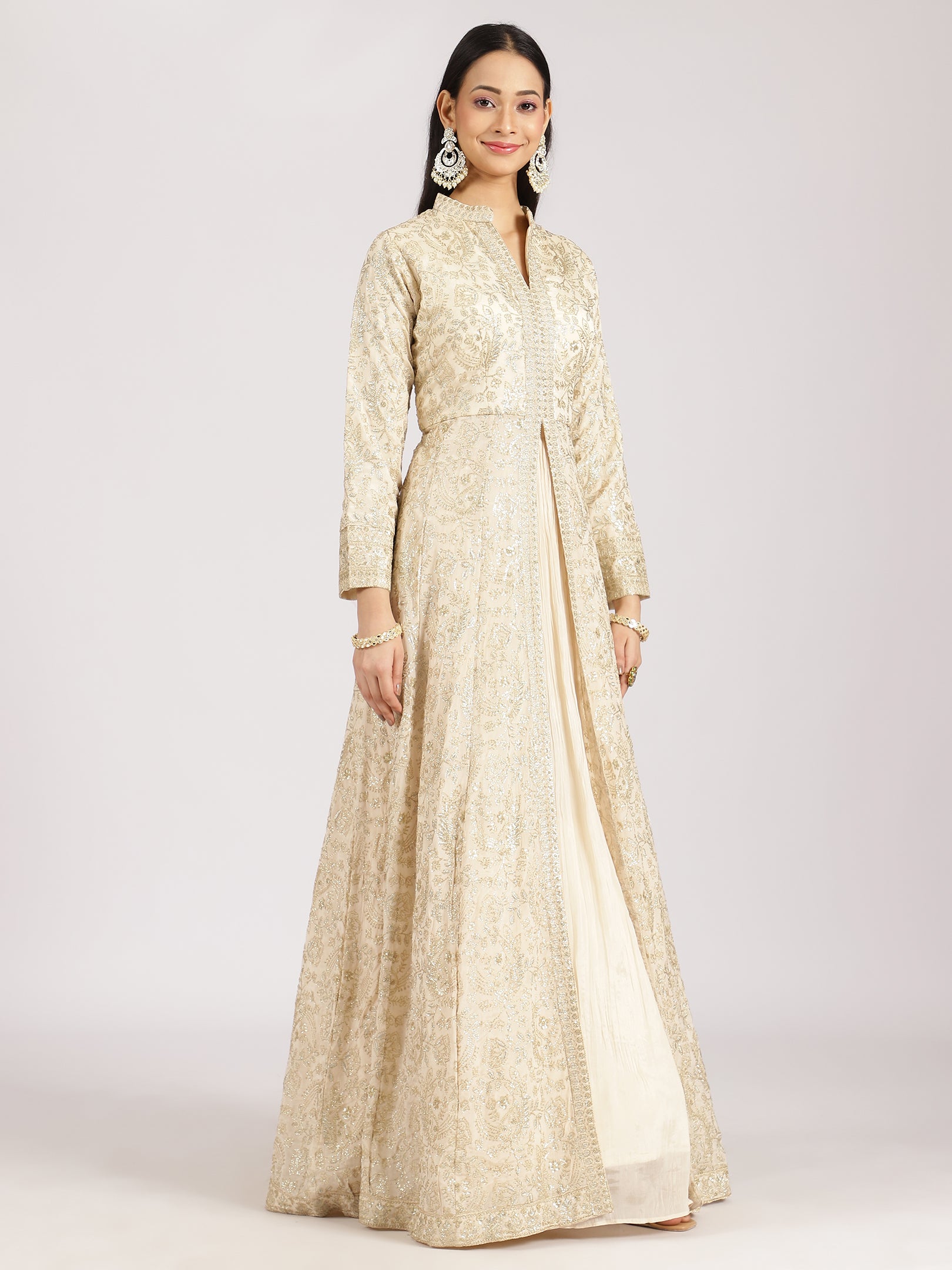 Ivory Gold Embroidered Anarkali Gown with High Neck