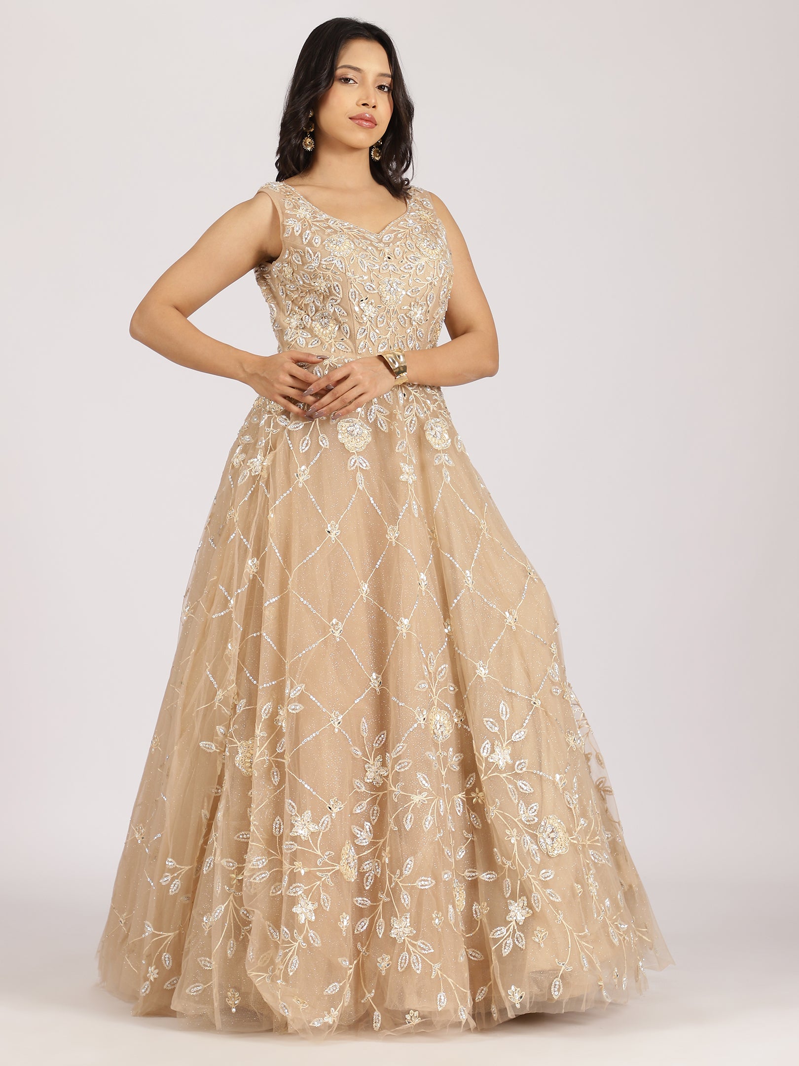 Ethereal Beige Embroidered Net Lehenga Set