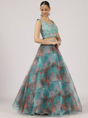 Aqua Blue Floral Organza Lehenga with Embroidered Blouse