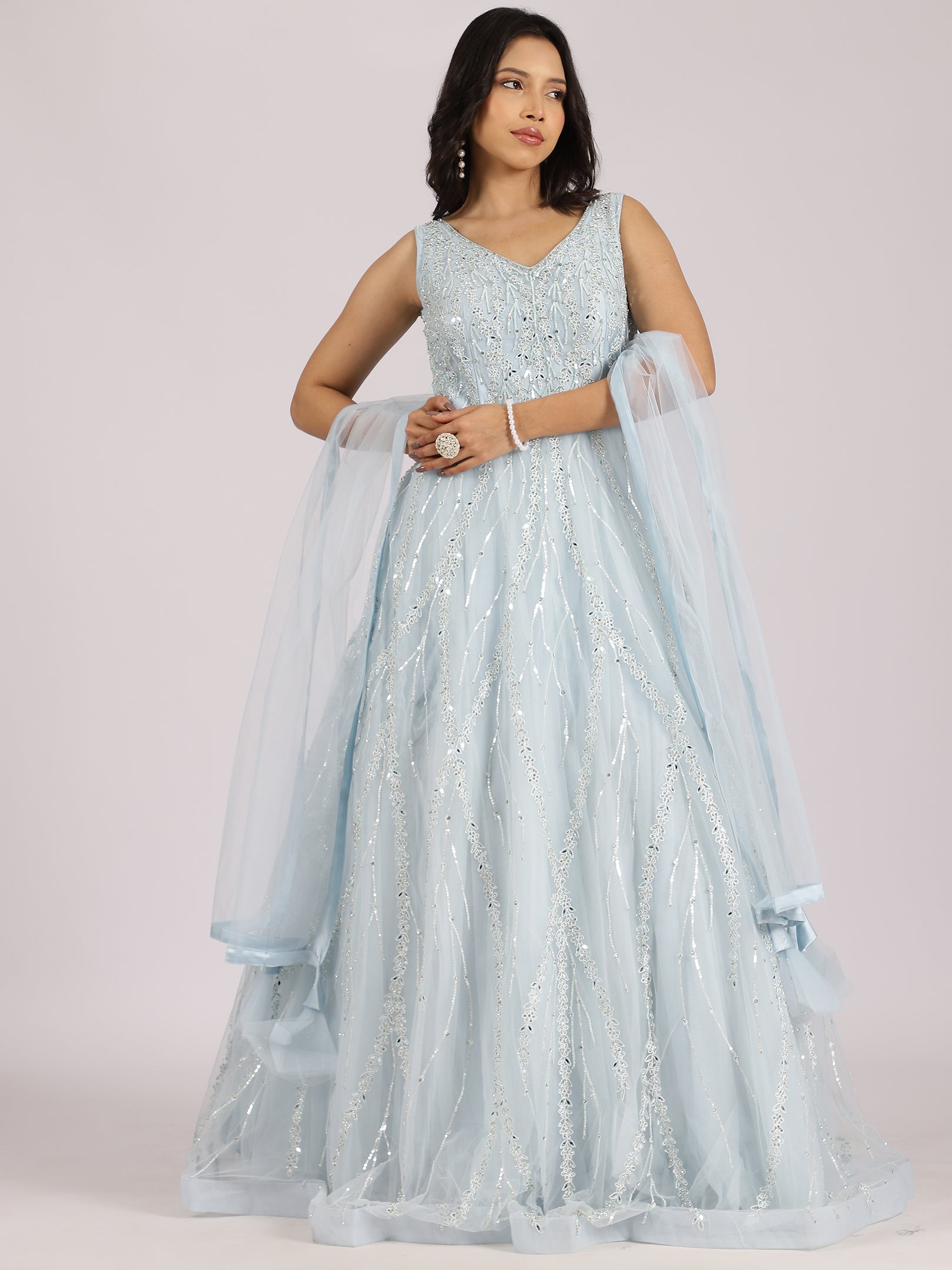 Elegant Ice-Blue Embroidered Gown