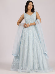 Elegant Ice-Blue Embroidered Gown