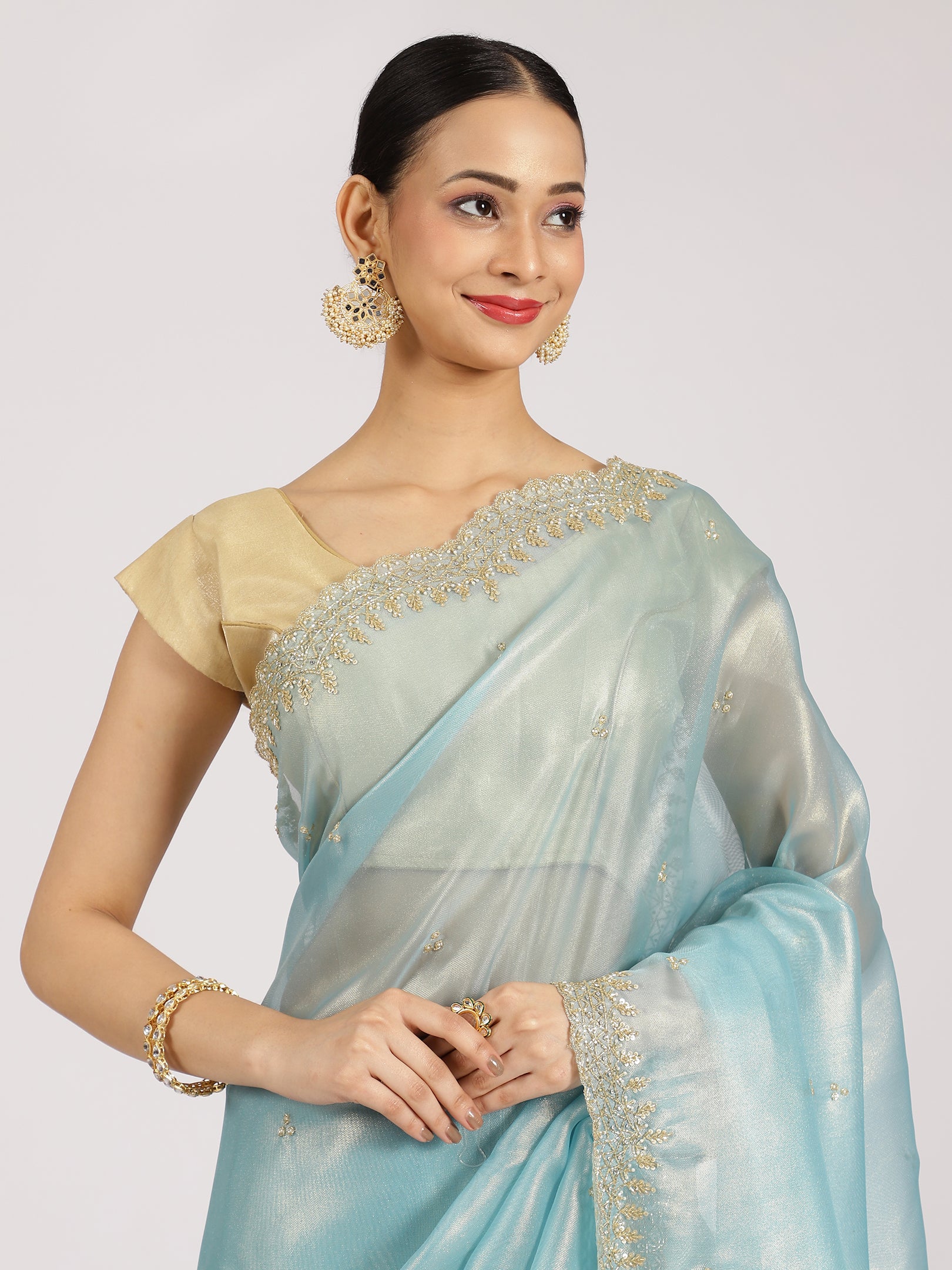 Sky Blue Organza Embellished Saree